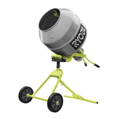 Ryobi cement mixer being loaded with concrete mix
